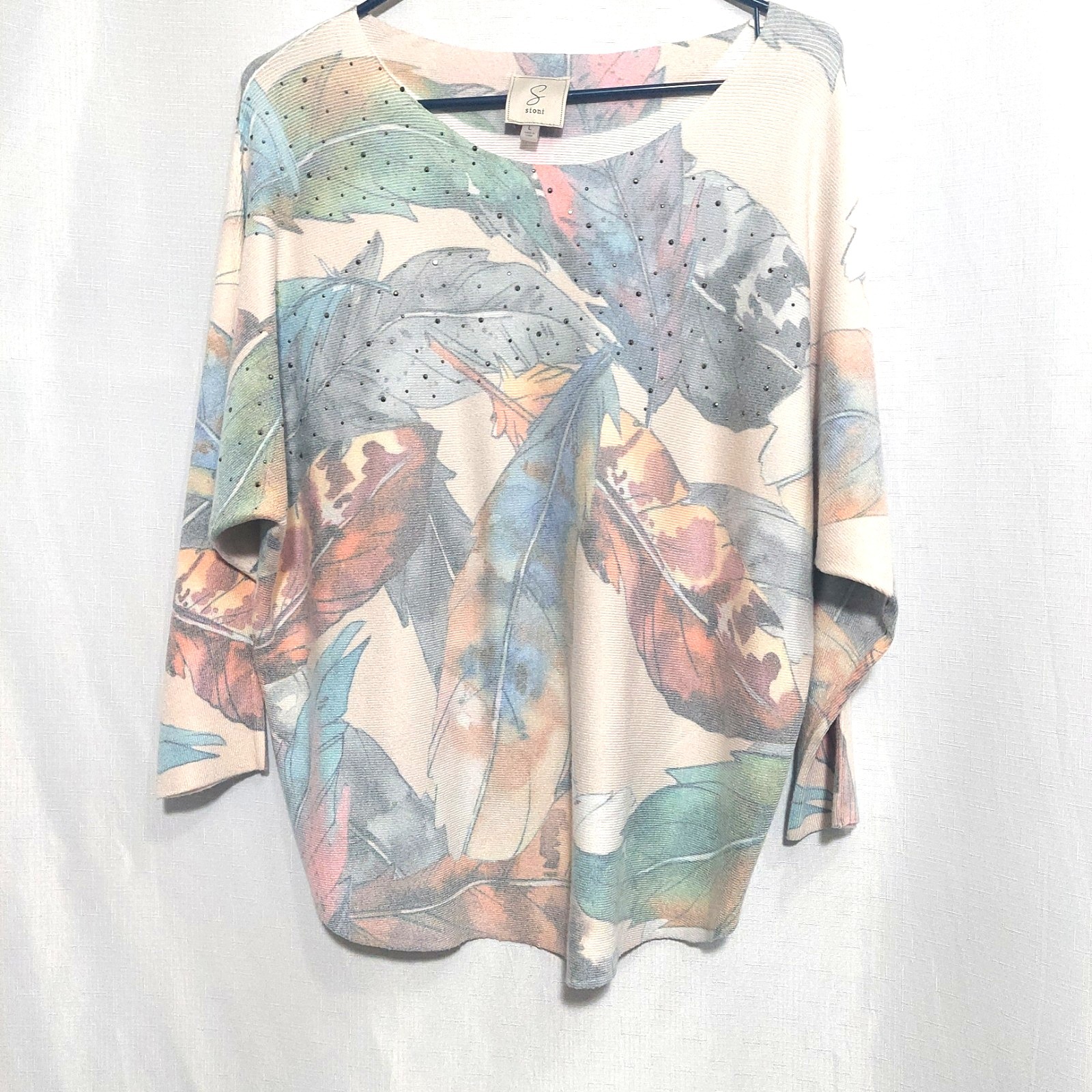Sioni Womens L Textured Knit Top 3/4 Dolman Sleeves Curved Hem Rhinestones